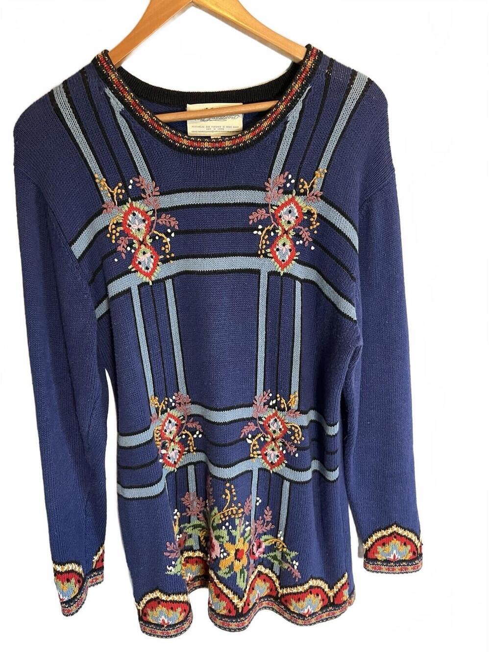 Vintage 90s Susan Bristol Blue Pullover Paisley Sweater Hand-Embroidered M